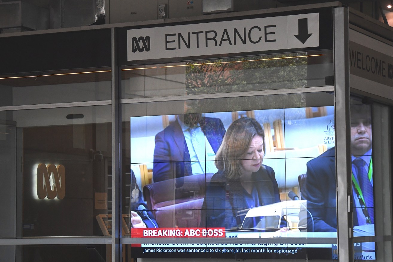 Michelle Guthrie's sacking being reported at the ABC's headquarters in Sydney. Photo: AAP/Peter Rae