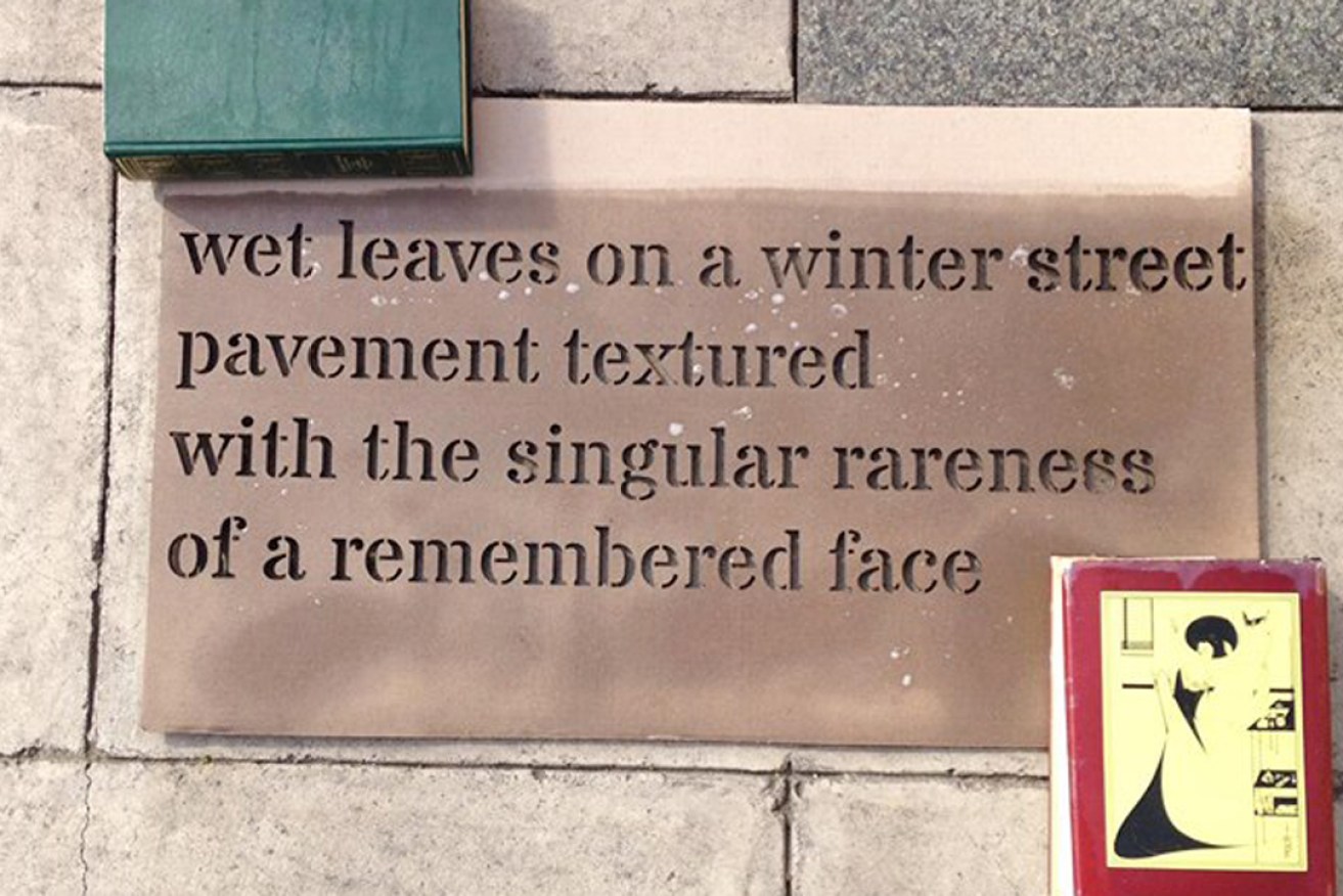 It's raining poetry: The stencil for 'Wet Leaves', by Ben Adams, on North Terrace.