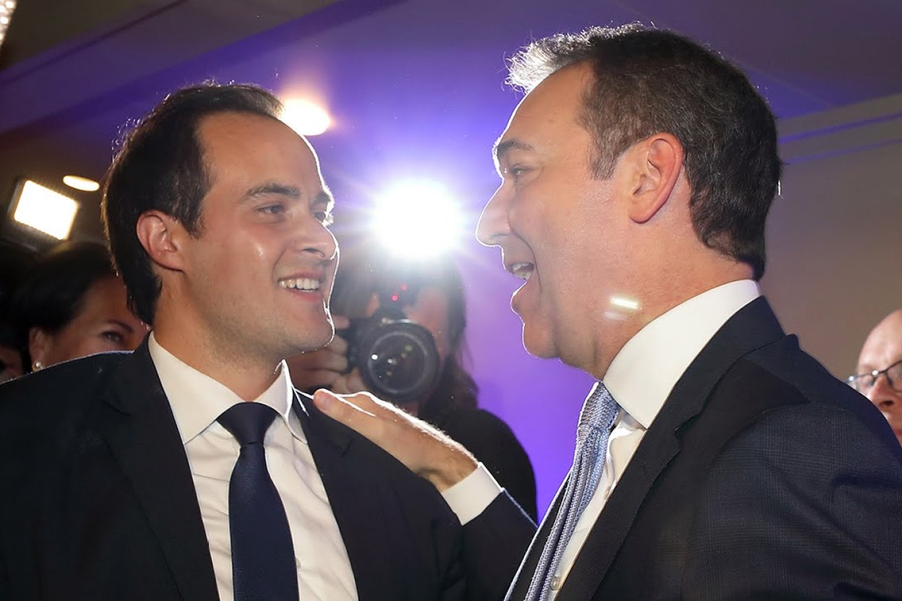 Steven Marshall greets Vincent Tarzia on election night. Photo: Tony Lewis / InDaily