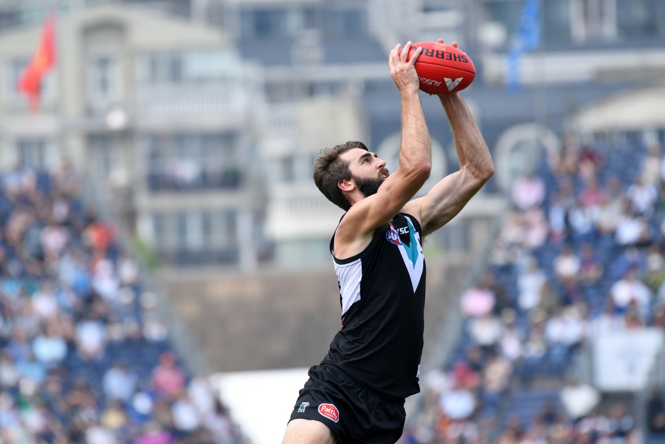 Port's Justin Westhoff marks during the Power's inaugural China match at Shanghai's Jiangwan Stadium in 2017. Photo: AAP/Tracey Nearmy