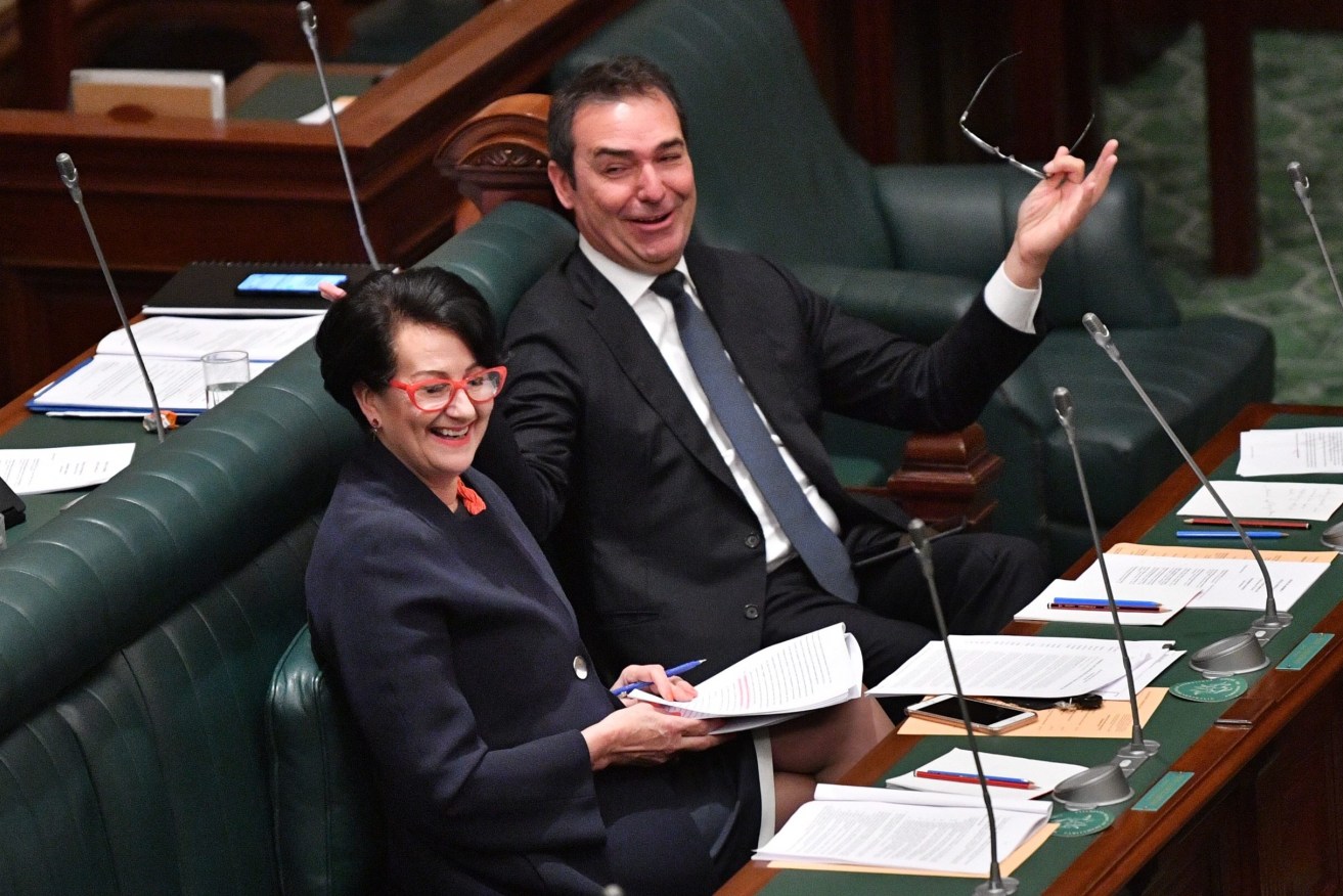 Premier Steven Marshall with Vickie Chapman in parliament. Photo: David Mariuz / AAP