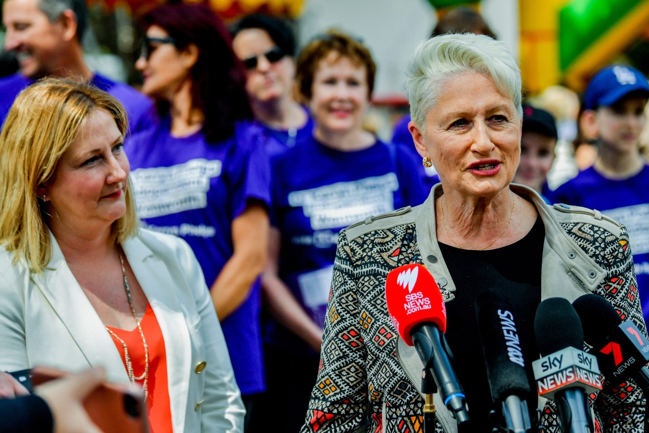 Dr Kerryn Phelps (right) with South Australian Member for Mayo Rebekha Sharkie who has wrested a blue-ribbon seat from the Liberals - an achievement Phelps is seeking to emulate. Photo: AAP/Brendan Esposito
