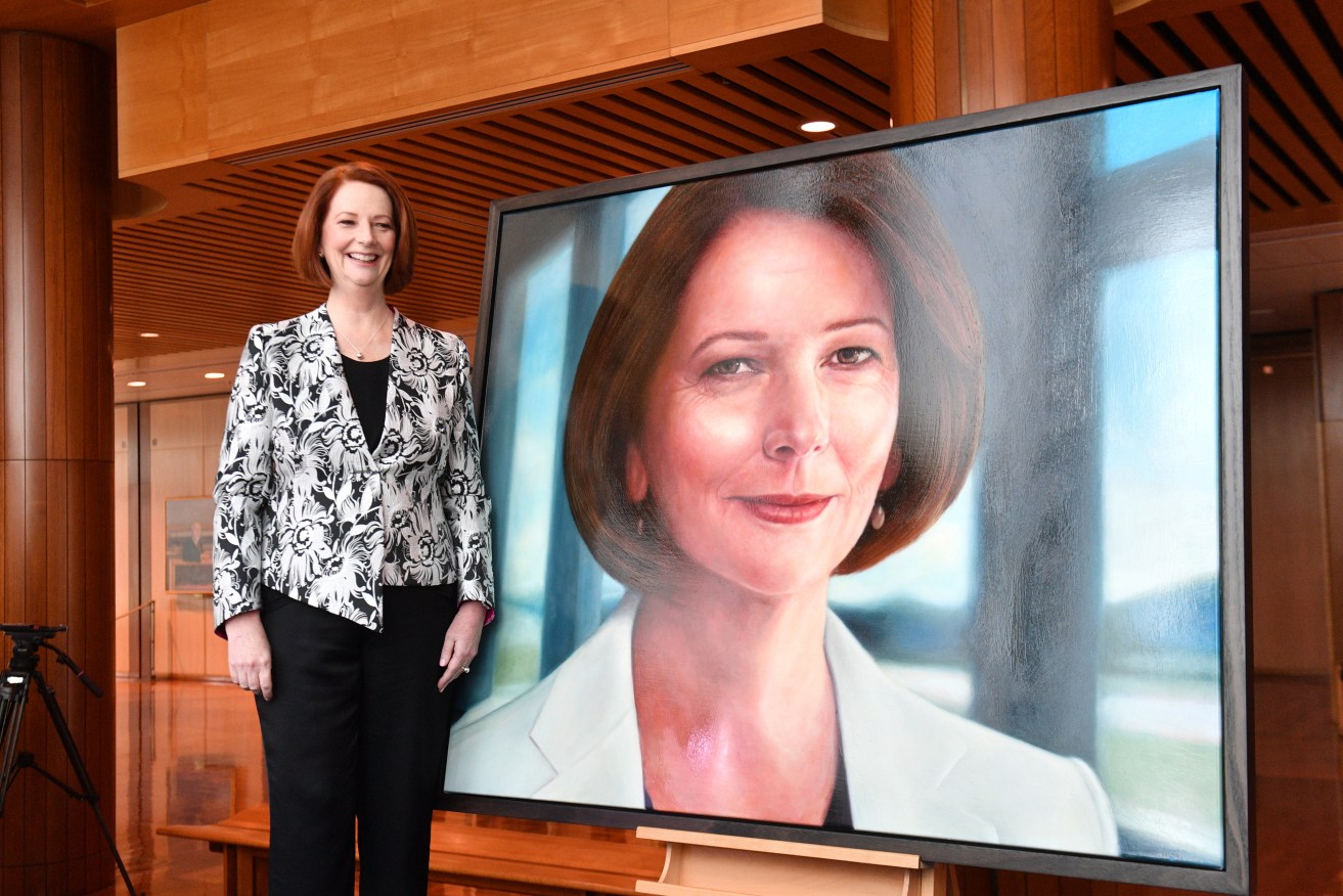 Former prime minister Julia Gillard unveiling her official portrait at Parliament House today. Photo: AAP/Mick Tsikas
