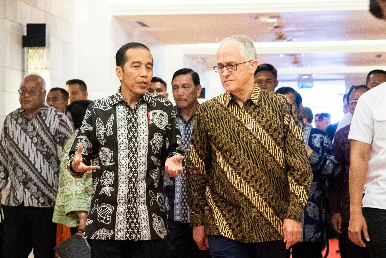 Indonesian President Joko Widodo (left) with former Australian Prime Minister Malcolm Turnbull in Bali yesterday. Photo: EPA/Made Nagi