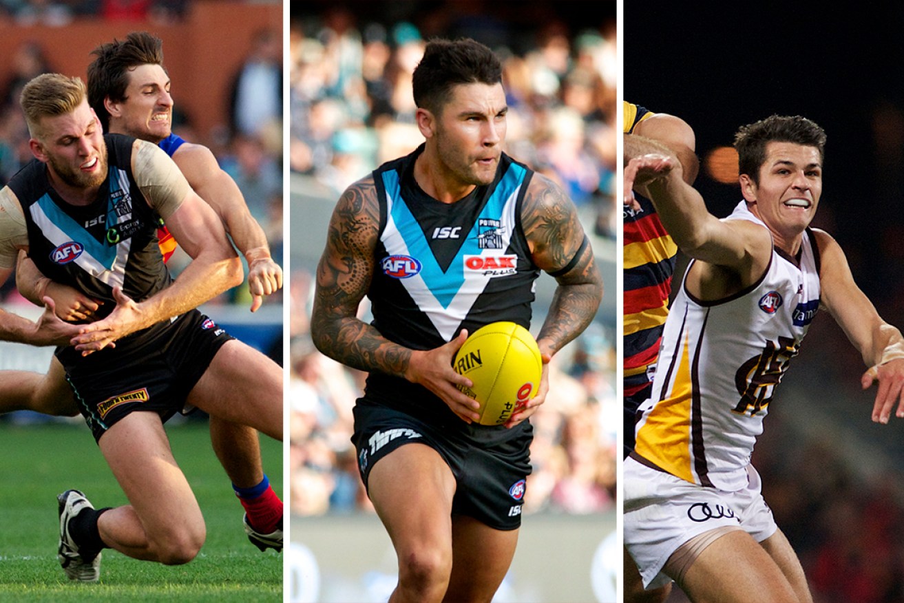 Sam Mayes (left, taking on former Power player Jackson Trengove) and Ryan Burton (right) formed part of a super-trade to get Port star Chad Wingard (centre) to Hawthorn. All photos: Michael Errey / InDaily