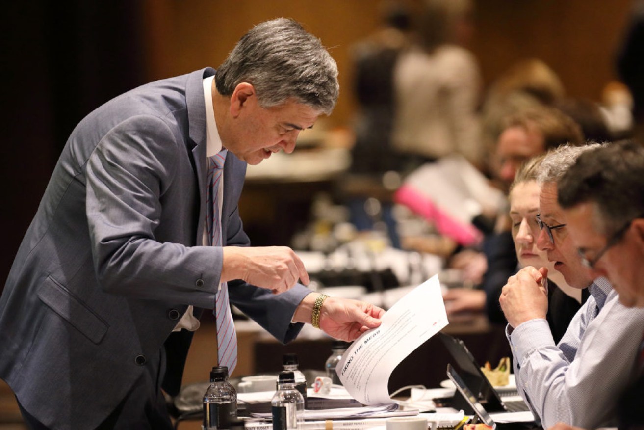 Rob Lucas briefs reporters in his budget day lockup. Photo: Tony Lewis / InDaily