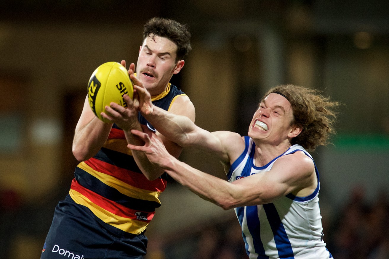 Mitch McGovern outmarks Roo Ben Brown in the Crows' last home game. Photo: Michael Errey / InDaily