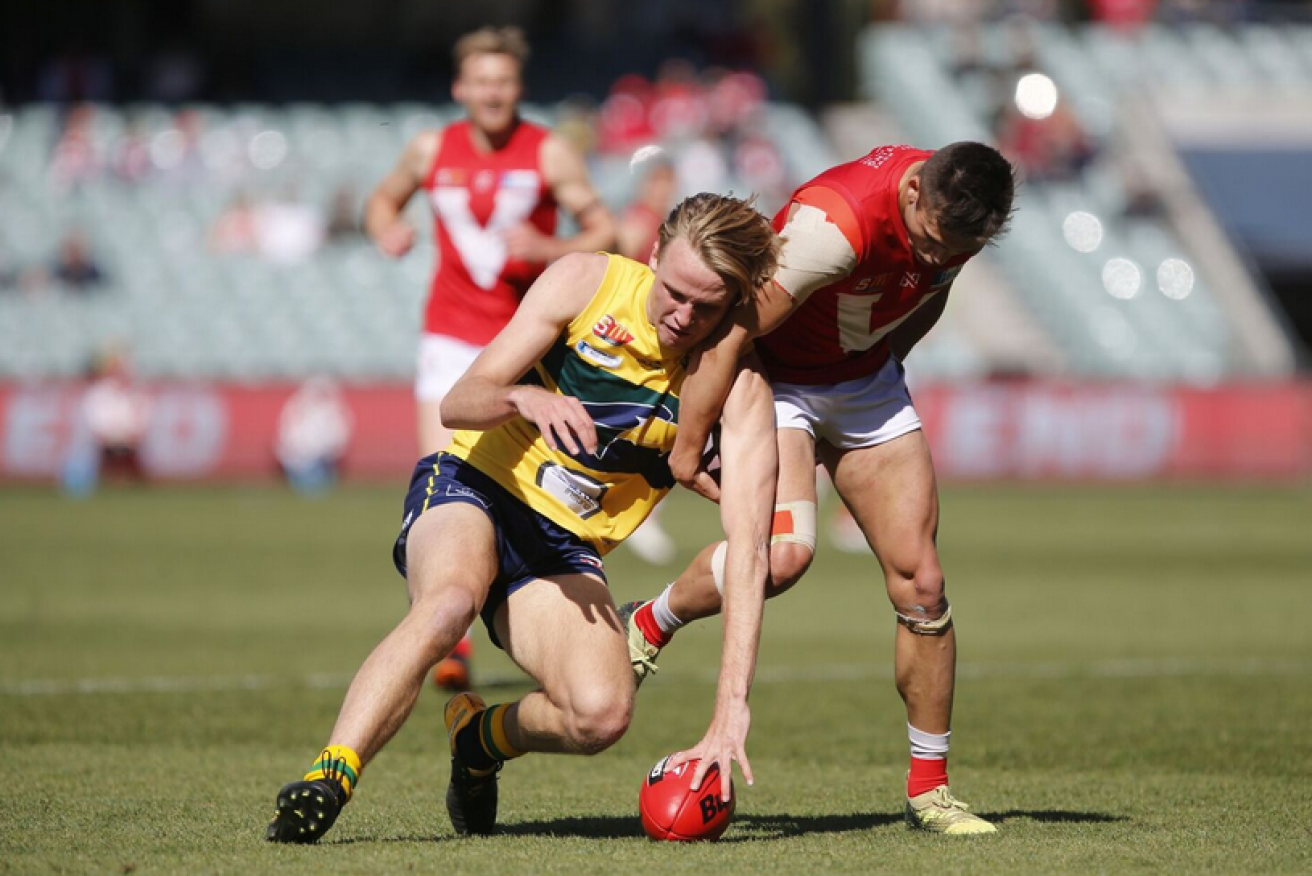 SA top-three AFL draft prospect Jack Lukosius in action for Woodville West Torrens during the SANFL preliminary final. Photo: Deb Curtis / SANFL