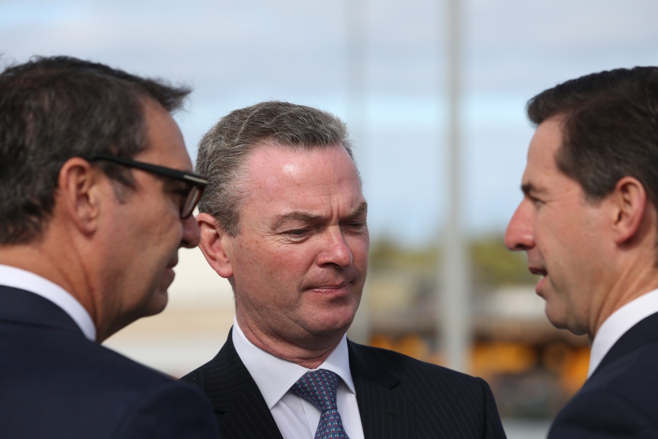 Christopher Pyne and Simon Birmingham (with Steven Marshall, left) have weighed in on the diplomatic standoff with Indonesia. Photo: Russell Millard / AAP