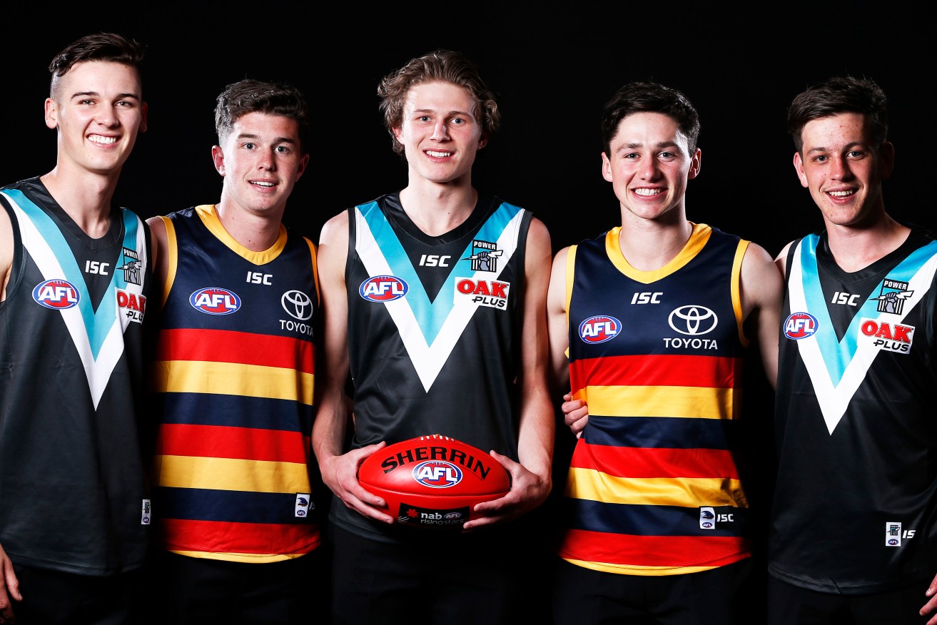 The SA clubs' first-round draft haul: Connor Rozee, Ed McHenry, Xavier Duursma, Chayce Jones and Zak Butters. Photo: Daniel Pockett / AAP