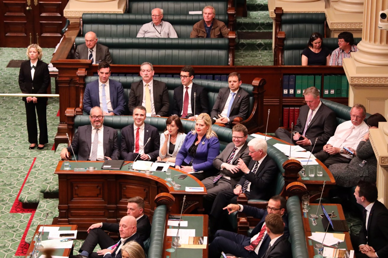 Liberal MPs Fraser Ellis, Steve Murray, Dan Cregan and Nick McBride join the happy Labor crew. 