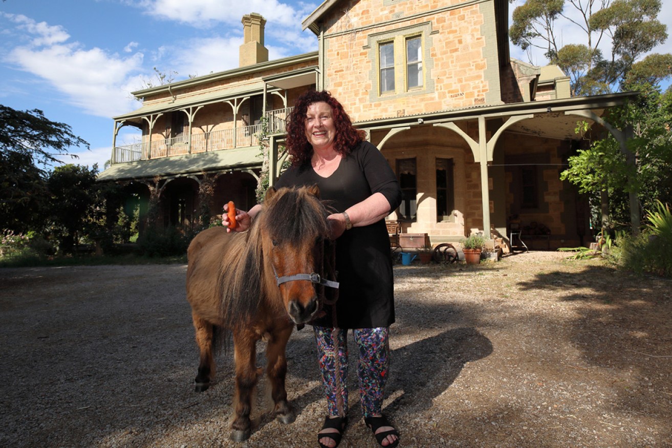 Kay Haines with resident pony Harry at Coreega in Springfield. Photo: Tony Lewis / InDaily