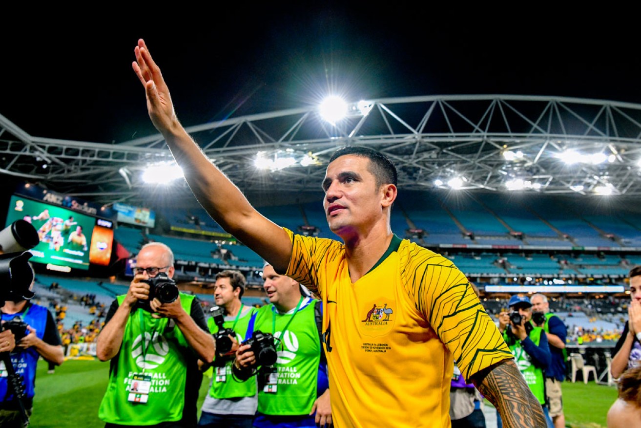 Tim Cahill thanks fans after the International friendly between Australia and Lebanon at ANZ Stadium. Photo: Brendan Esposito / AAP