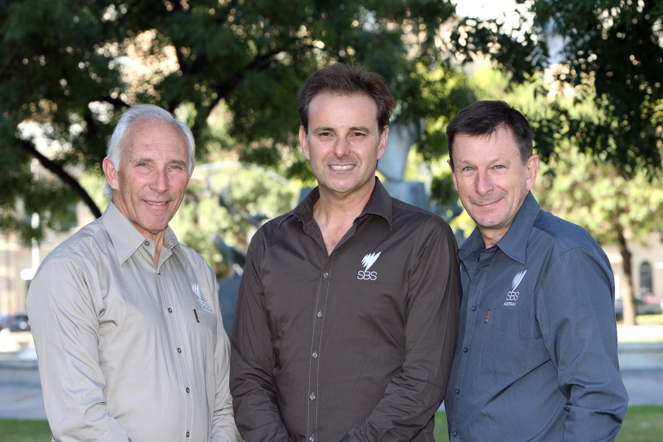 Paul Sherwen (right) with Phil Liggett (left) and Michael Tomalaris. Photo: Supplied by SBS