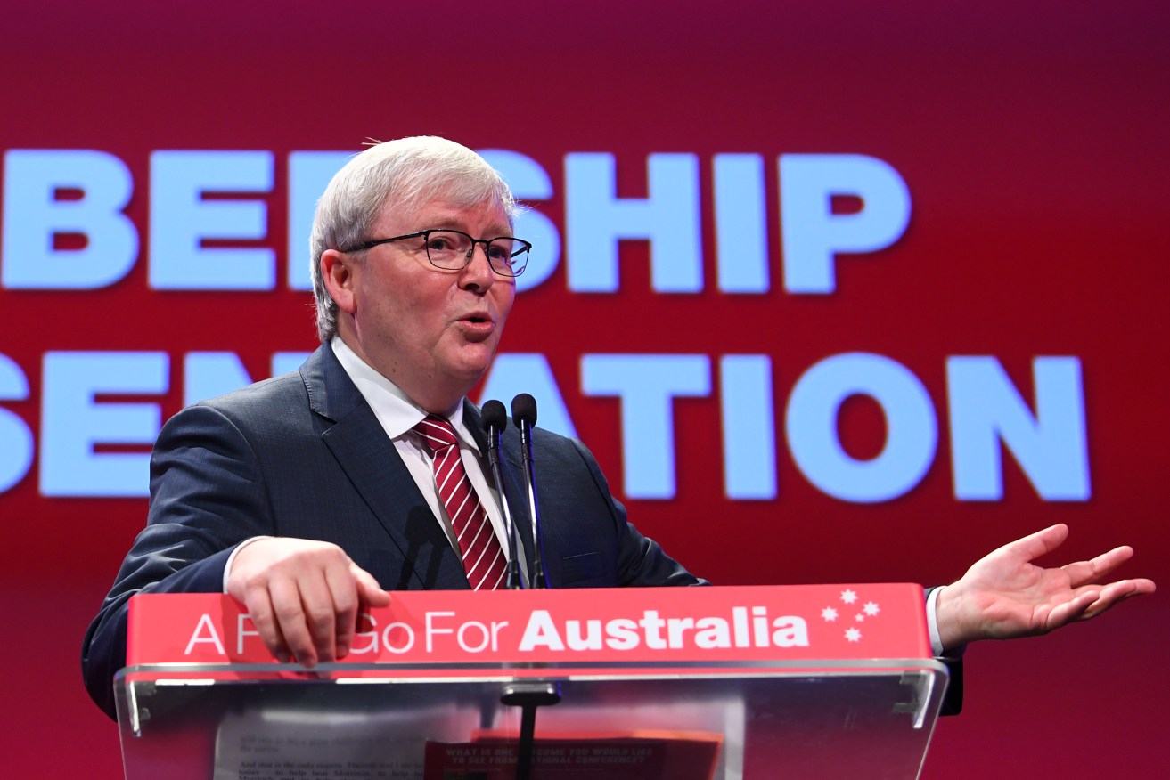 Former Australian prime minister Kevin Rudd speaking in Adelaide today. Photo: AAP/Lukas Coch
