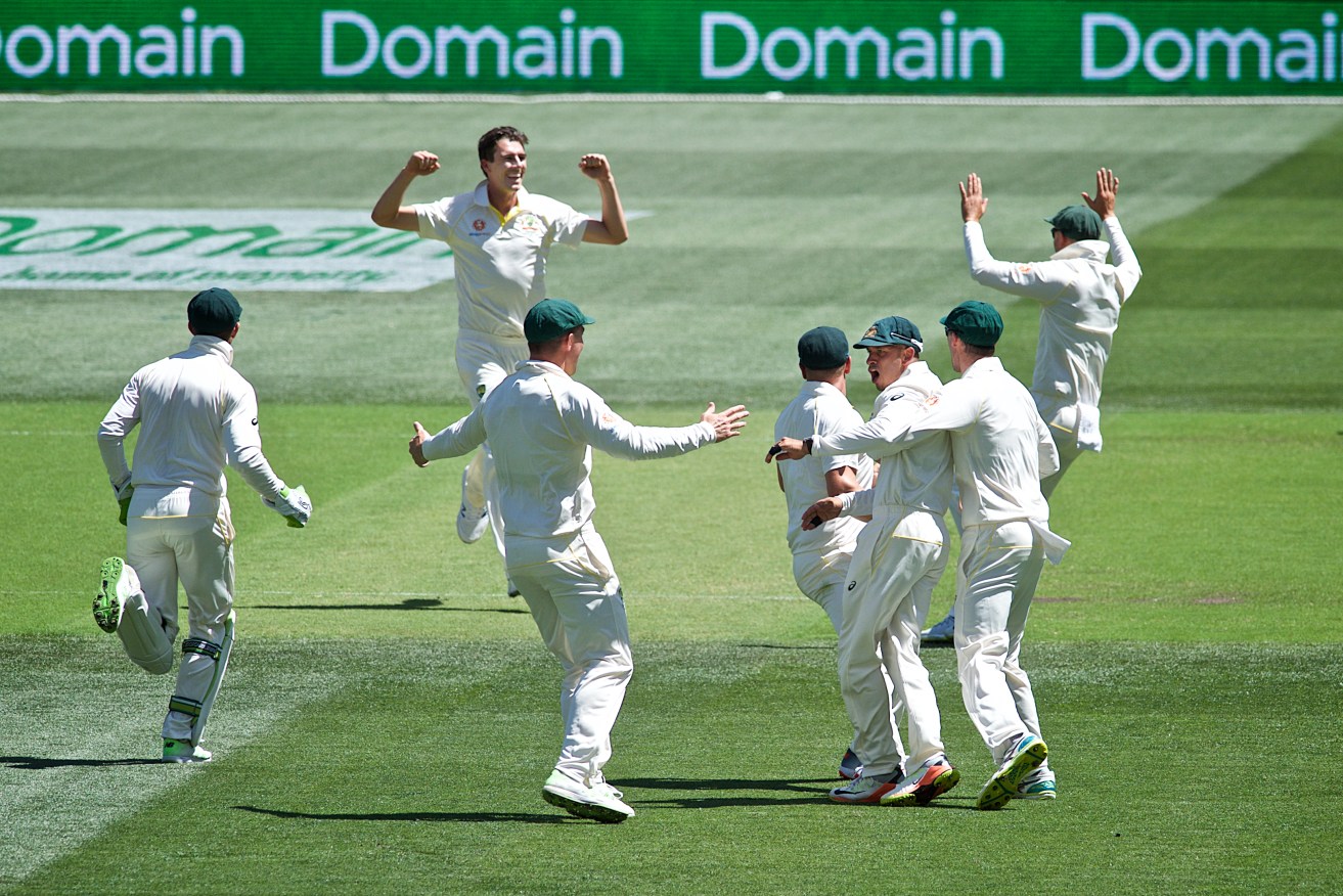 The Australians celebrate Usman Khawaja's incredible catch. Photo: Michael Errey/InDaily
