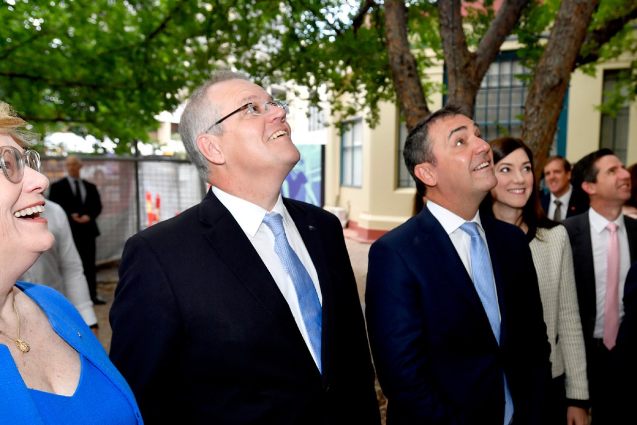 "Lift off": Prime Minister Scott Morrison with South Australian Premier Steven Marshall at the old RAH site. Photo: AAP / Sam Wundke.