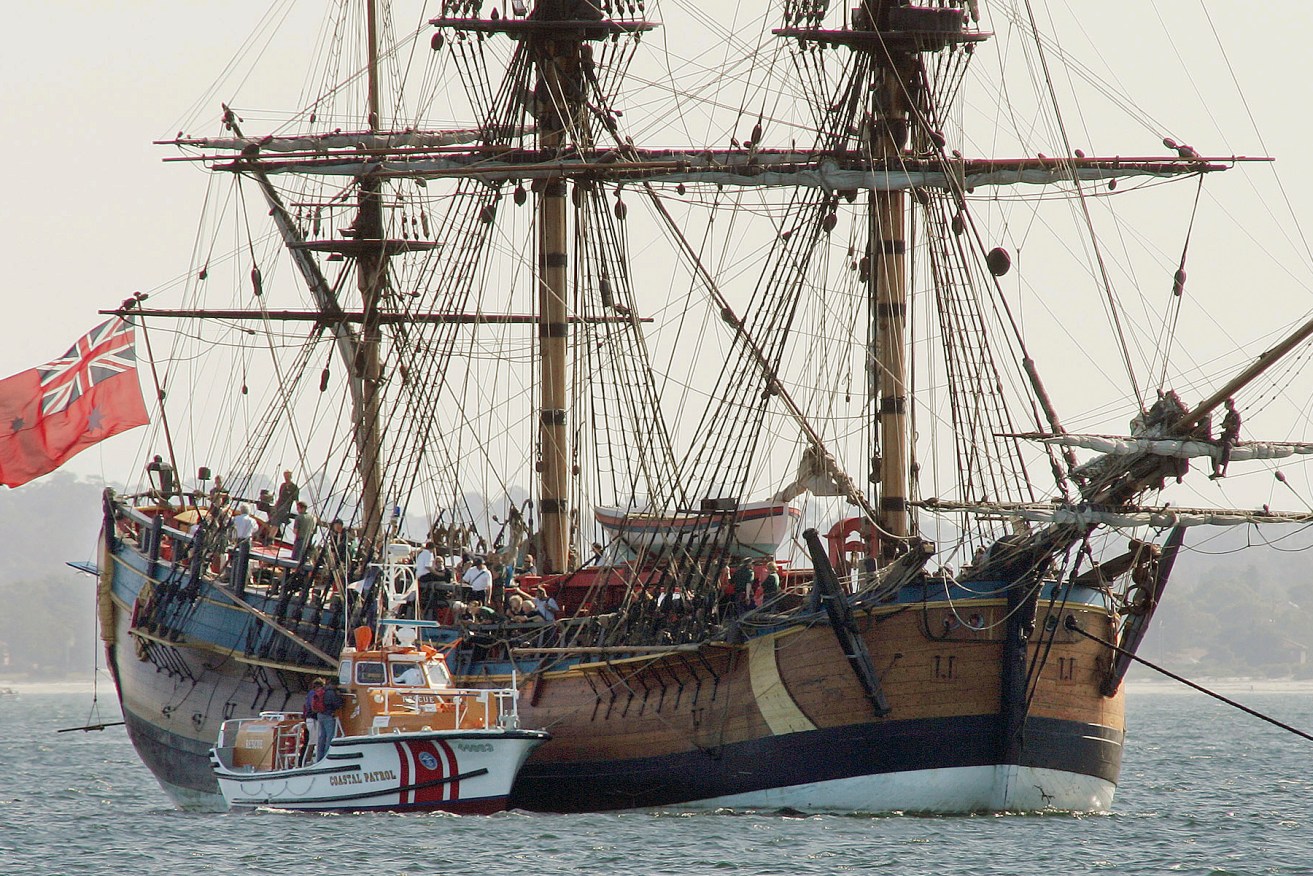 A replica of the Endeavour at anchor in Botany Bay. File photo: AP/Mark Baker