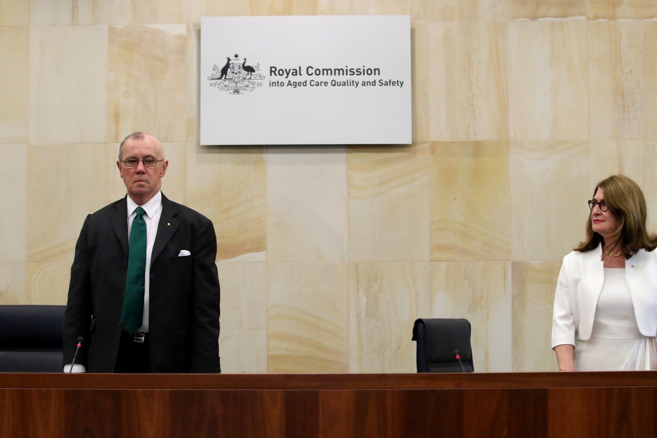 Royal Commissioners Richard Tracey and Lynelle Briggs at the first public hearing of the aged care inquiry in Adelaide today. Photo: AAP/Kelly Barnes