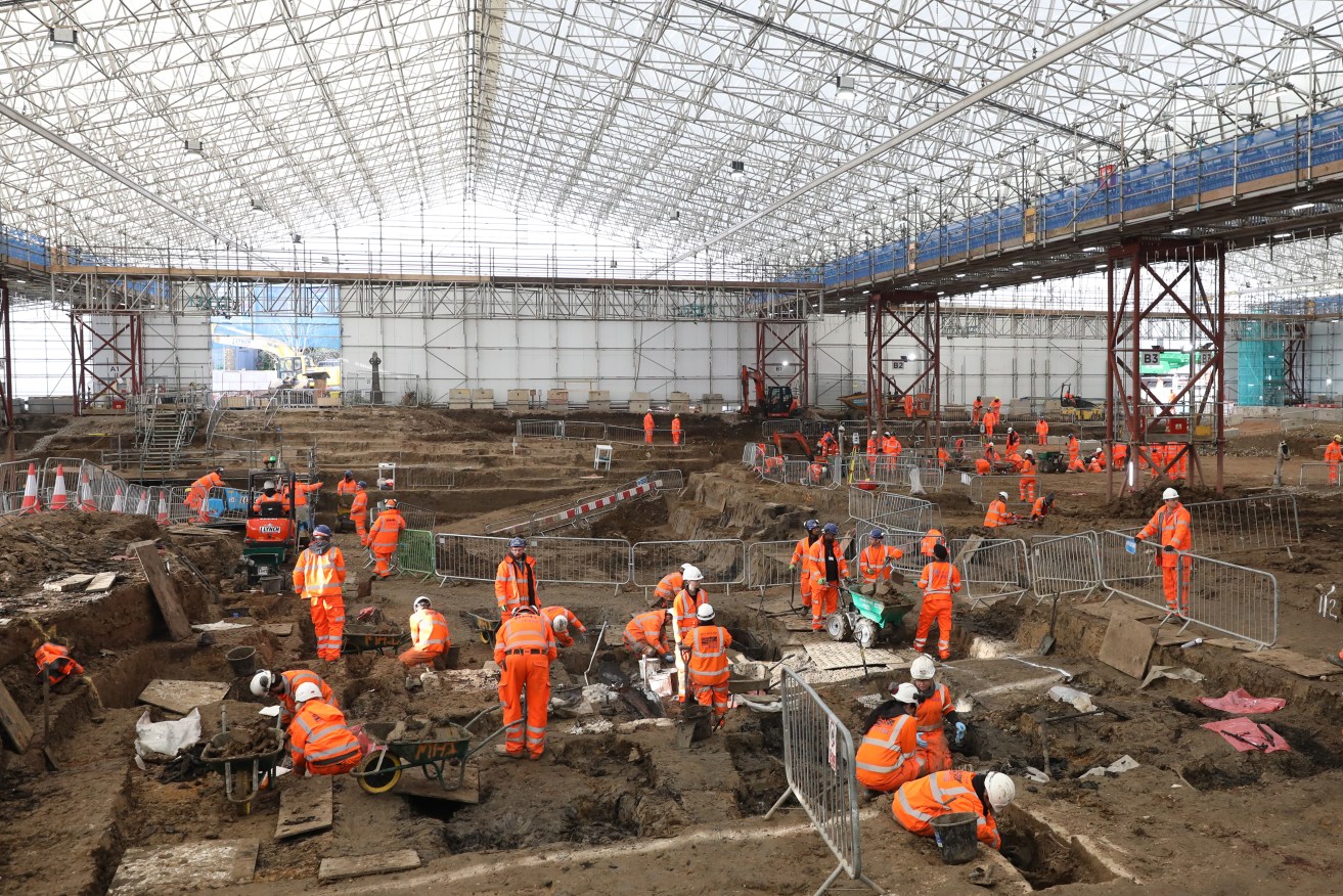 Archaeologists working on the HS2 project in St. James's burial ground where they discovered the remains of Captain Matthew Flinders. Photo: HS2 Ltd/PA Wire 