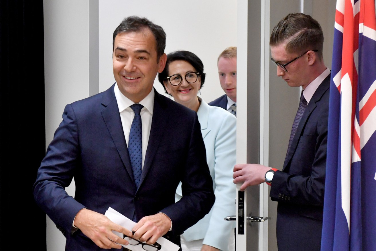 Premier Steven Marshall leads Vickie Chapman and David Speirs to face media after the release of the Royal Commission report. Photo: Sam Wundke / AAP
