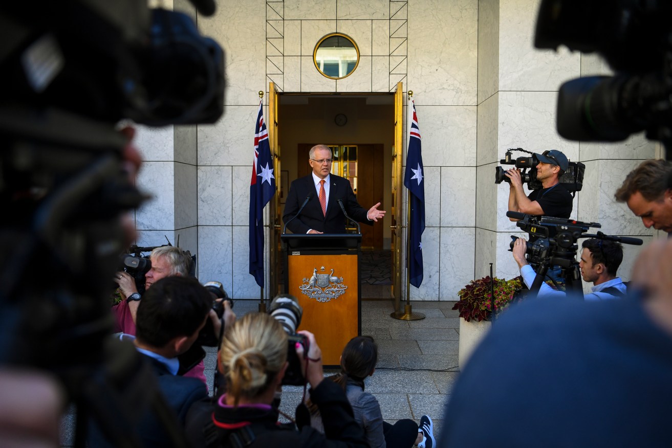 Prime Minister Scott Morrison speaking to the media this morning. Photo: AAP/Lukas Coch