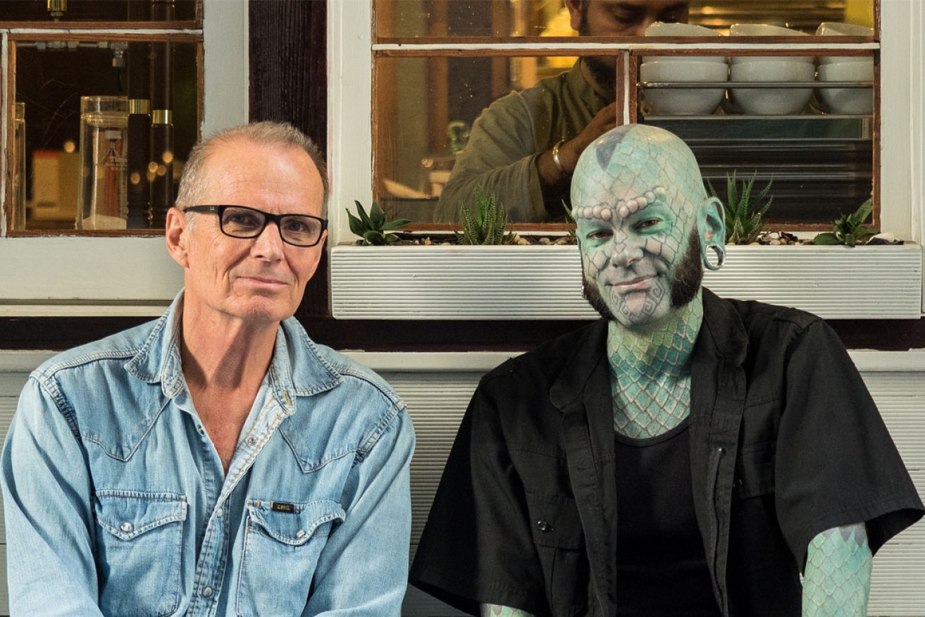 Rainer Jozeps with the performance artist known as Lizardman. Photo: Sam Jozeps