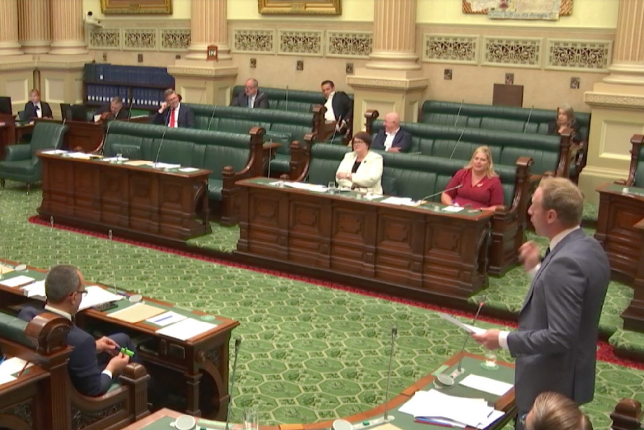 David Speirs (right) faces the sparse Labor benches after five MPs were ejected. 