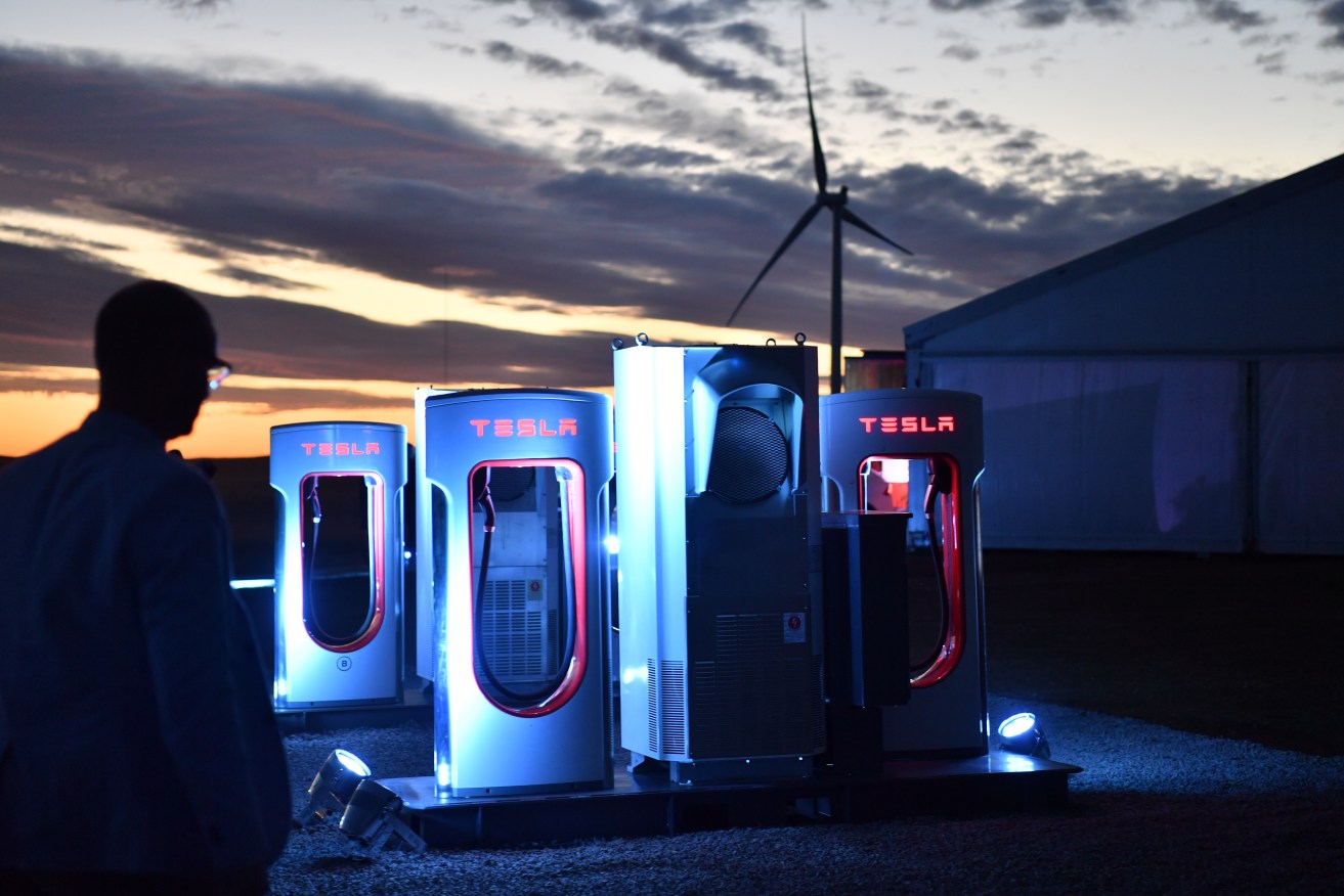 A Tesla car charging station near the "big battery" plant outside of Jamestown. Photo: AAP/ Morgan Sette
