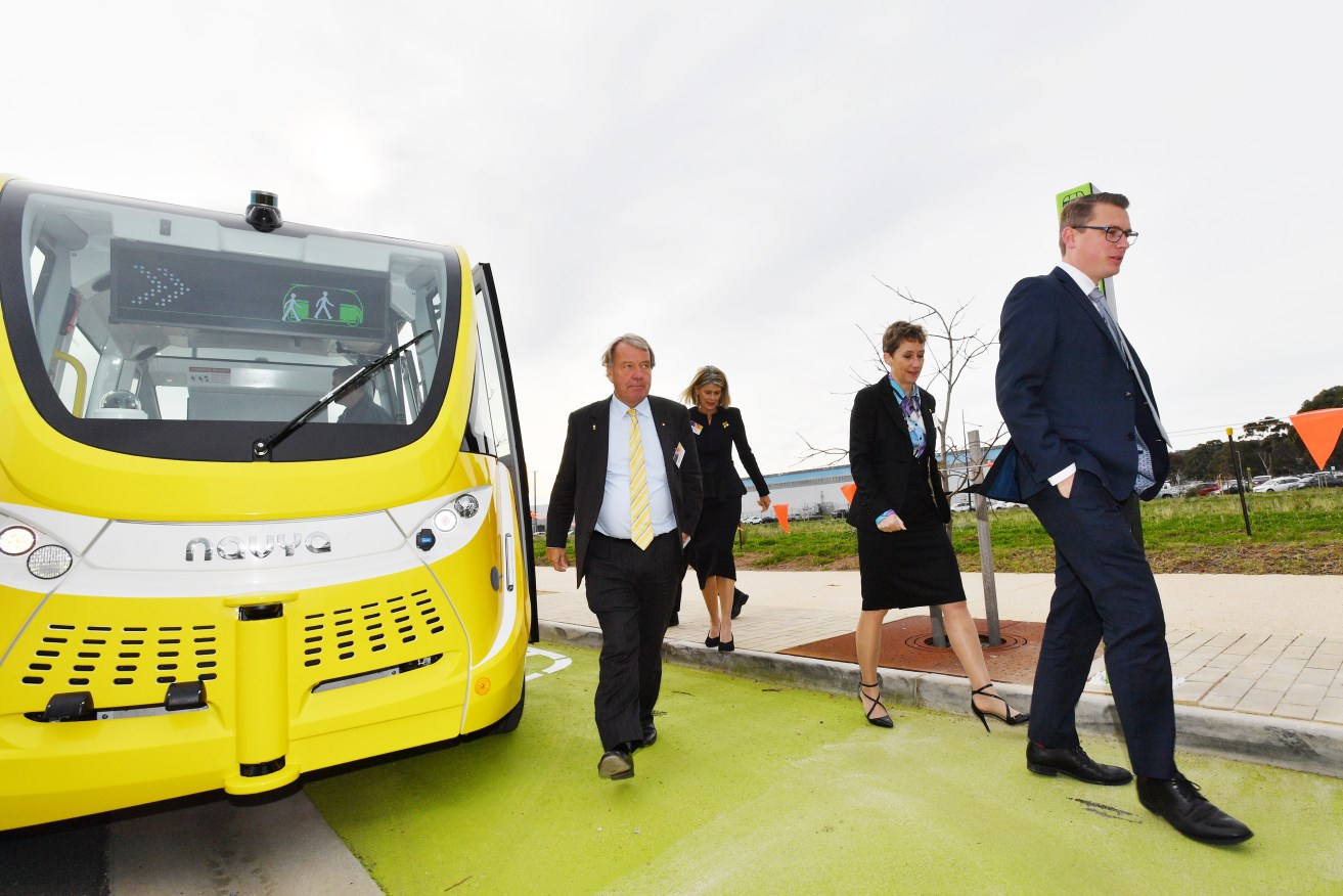 Transport Minister Stephan Knoll launching a five-year trial of autonomous vehicle technology at Tonsley Park last year. Photo: David Mariuz / AAP
