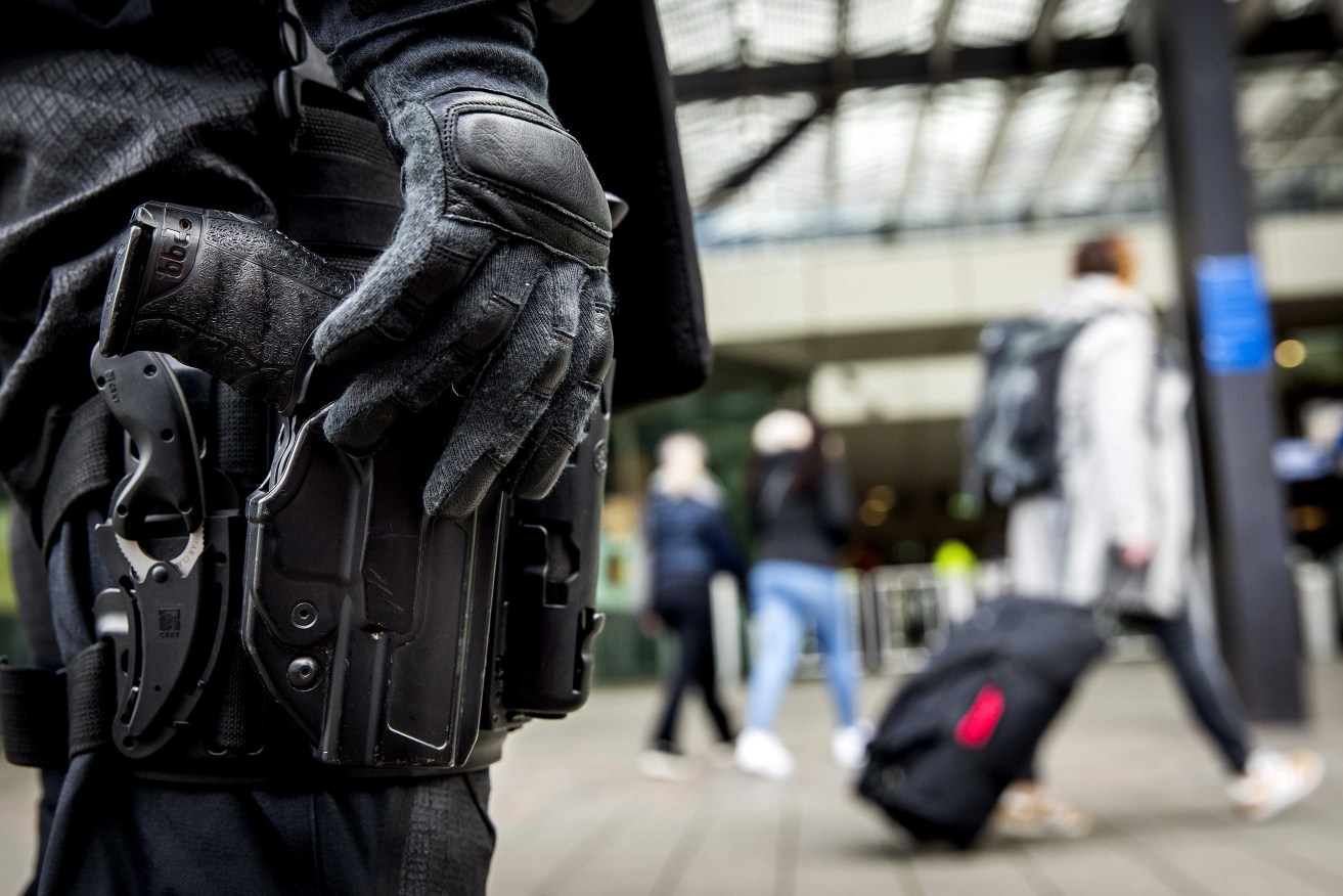 Security at a Netherlands train station after a fatal tram shooting in Utrecht. Photo: supplied