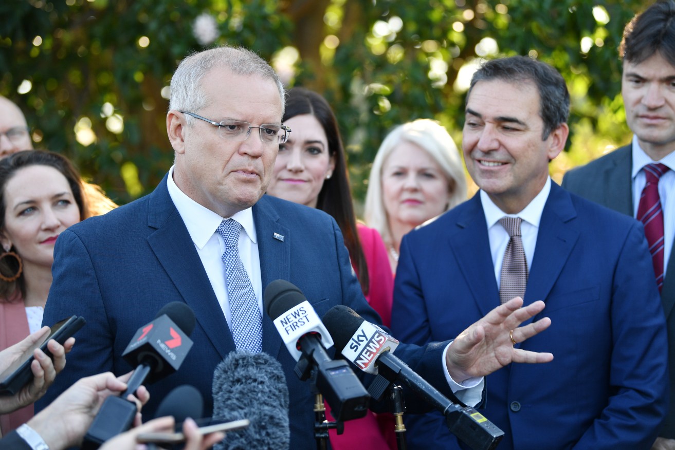 Prime Minister Scott Morrison with South Australian Premier Steven Marshall in Adelaide today. Photo: AAP/David Mariuz