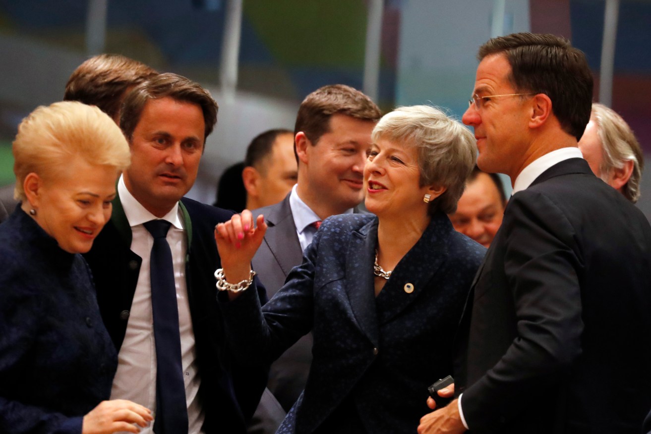 UK prime minister Theresa May at an EU summit where she asked for a Brexit delay. Photo: AP/Frank Augstein