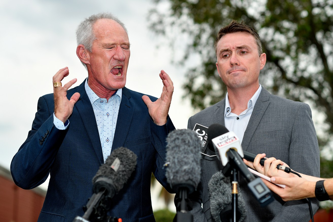 One Nation officials Steve Dickson (left) and James Ashby say an Al-Jazeera undercover sting is foreign government interference in Australian politics. Photo: AAP/Dave Hunt