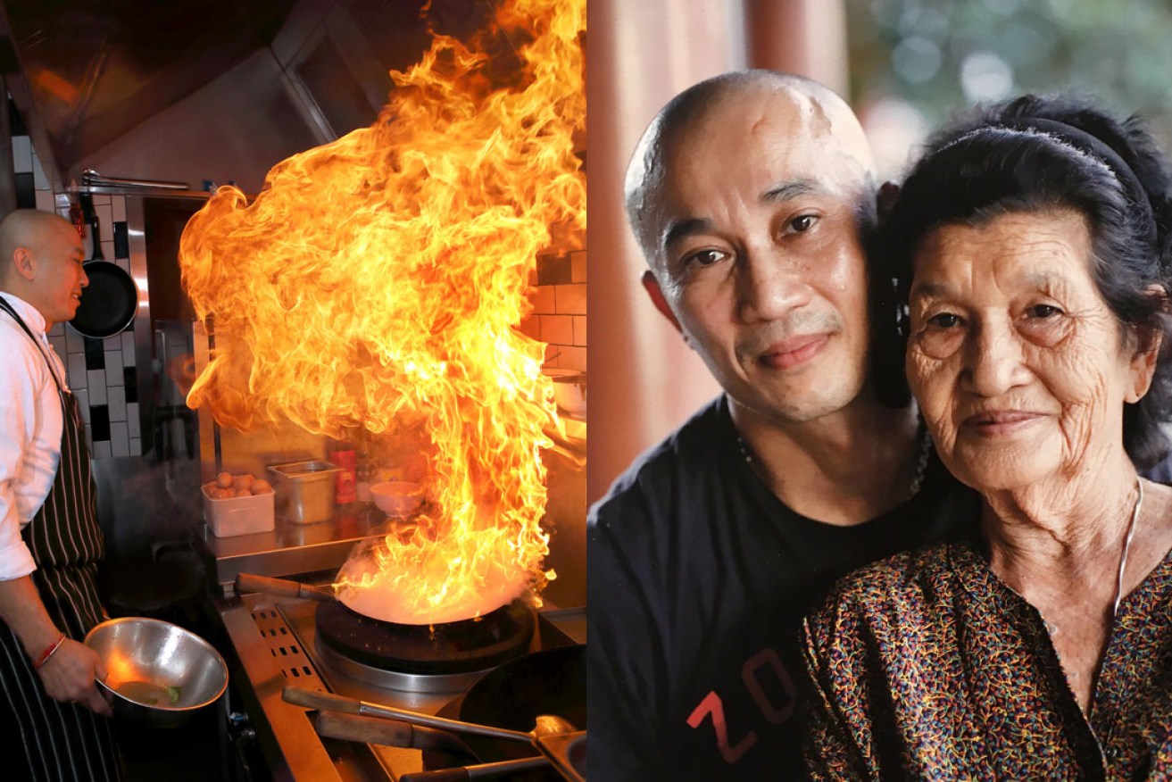 Chef Nu Suandokmai in his restaurant kitchen and with his mother, Prateung. Photos: Tony Lewis