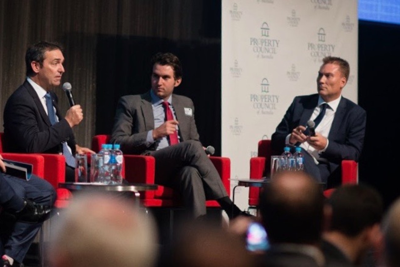 The Australian's Adelaide bureau chief Michael Owen (right) at a Property Council forum with Premier Steven Marshall and The Advertiser's Daniel Wills. 