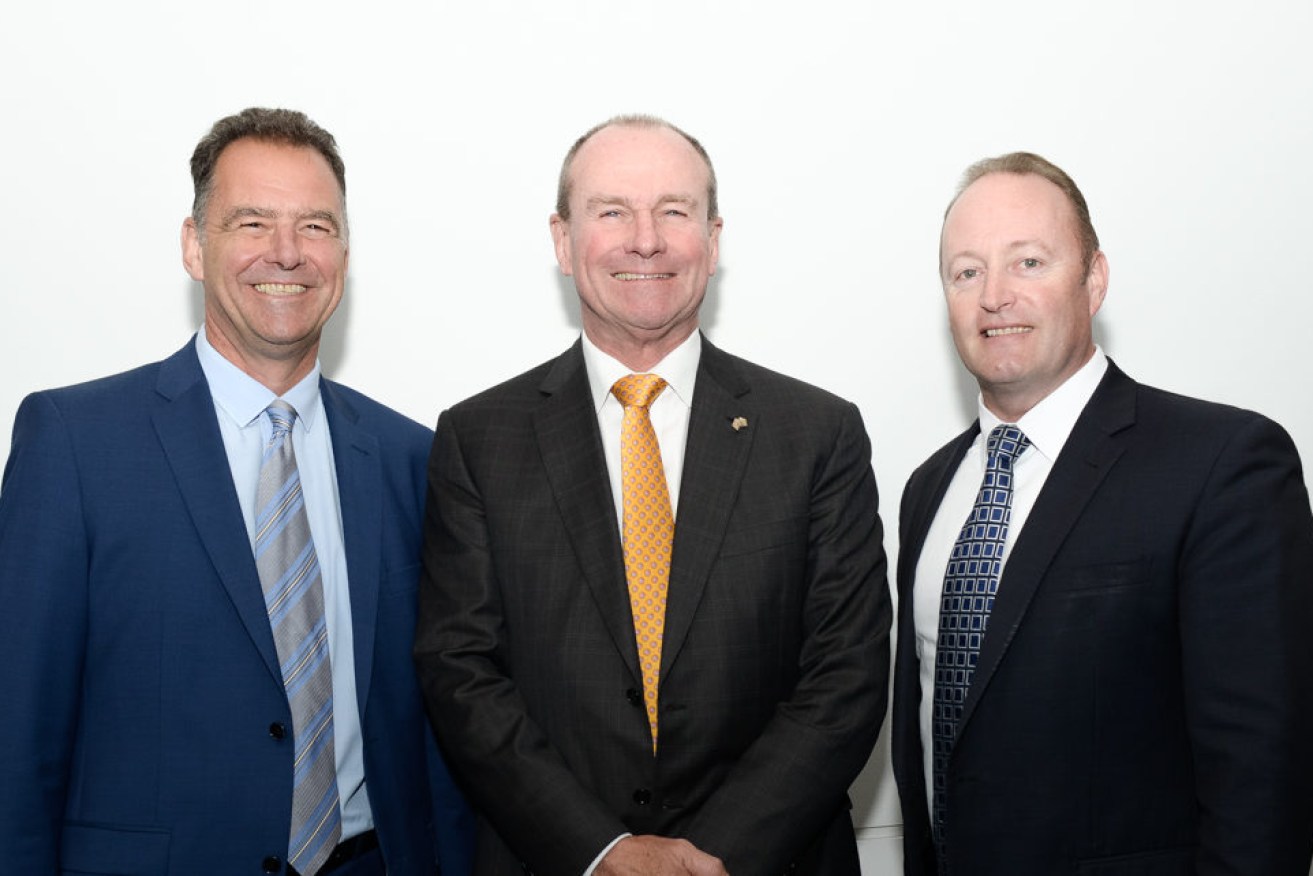 Mike Hnyda (left) with former minister Martin Hamilton-Smith and then-Investment Attraction chair Rob Chapman.