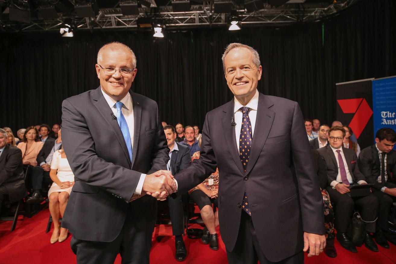 Scott Morrison and Bill Shorten before last night's first public debate in Perth. Photo: AP/ The West Australian/Nic Ellis