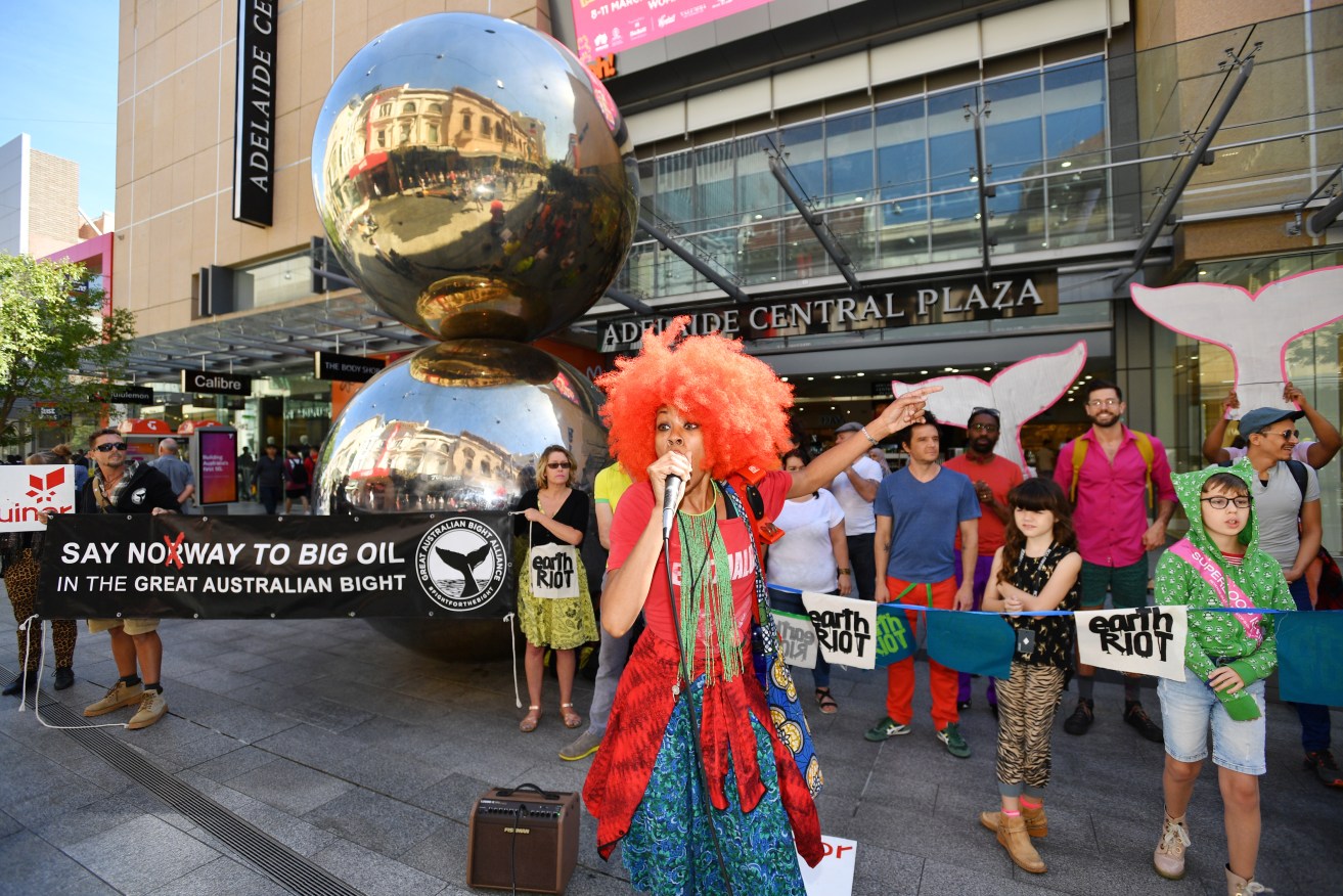 A protest in Rundle Mall against oil drilling in the Great Australian Bight. Photo: AAP/David Mariuz