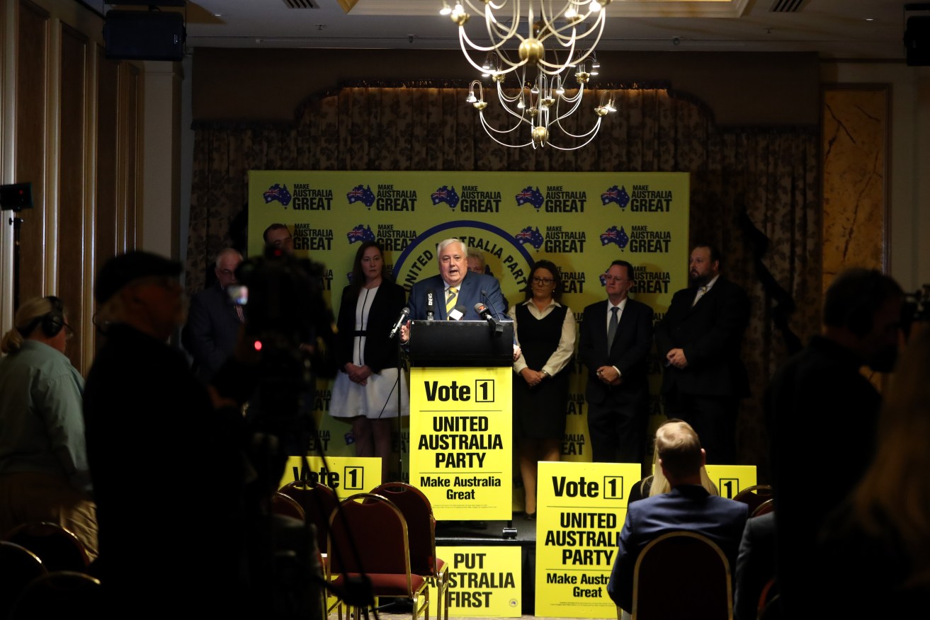 United Australia Party leader Clive Palmer addresses the media at the Playford Hotel in Adelaide today. Photo: AAP/Kelly Barnes