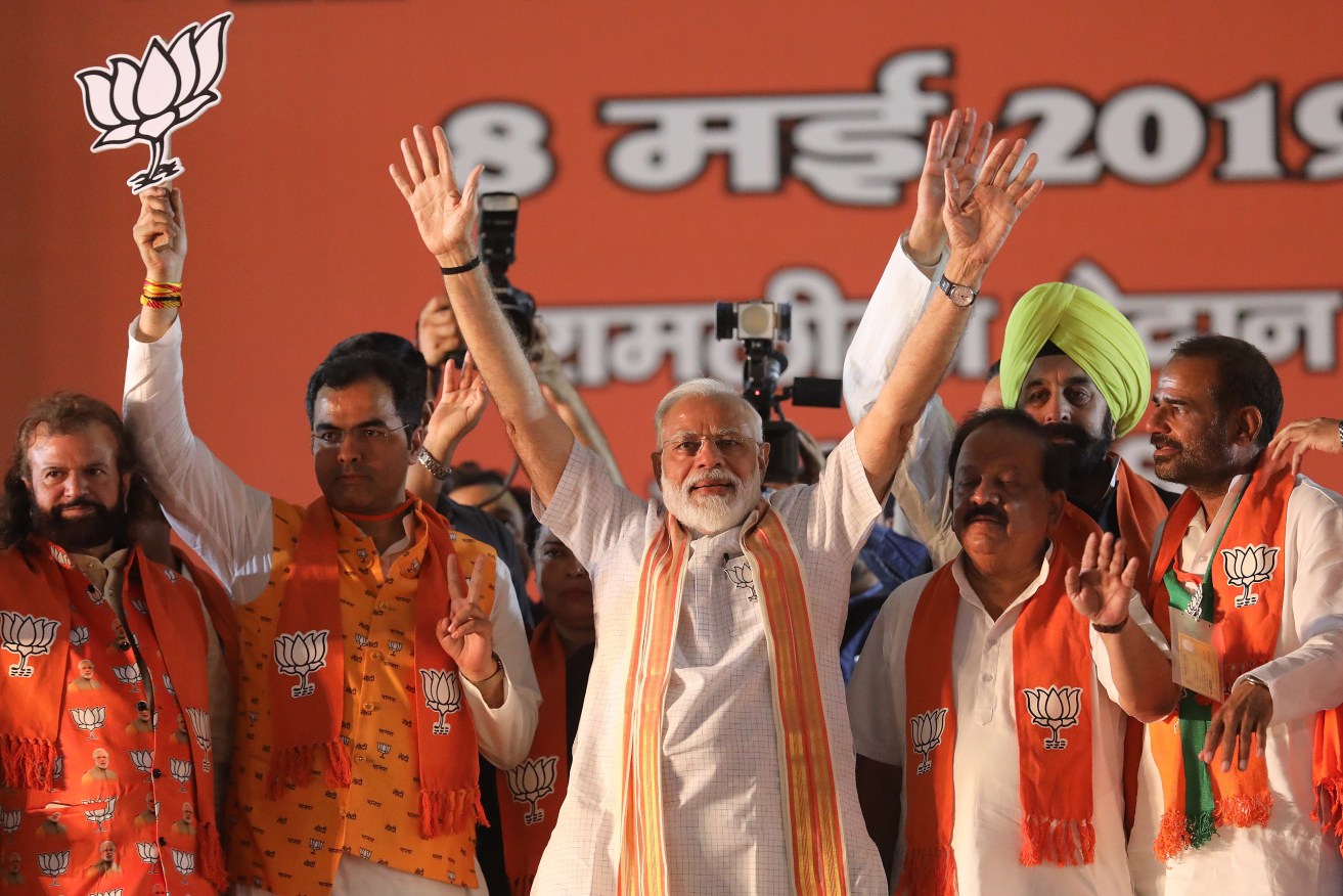 Indian Prime Minister Narendra Modi with BJP candidates during an election campaign rally in New Delhi this week. Photo: EPA/Harish Tyagi
