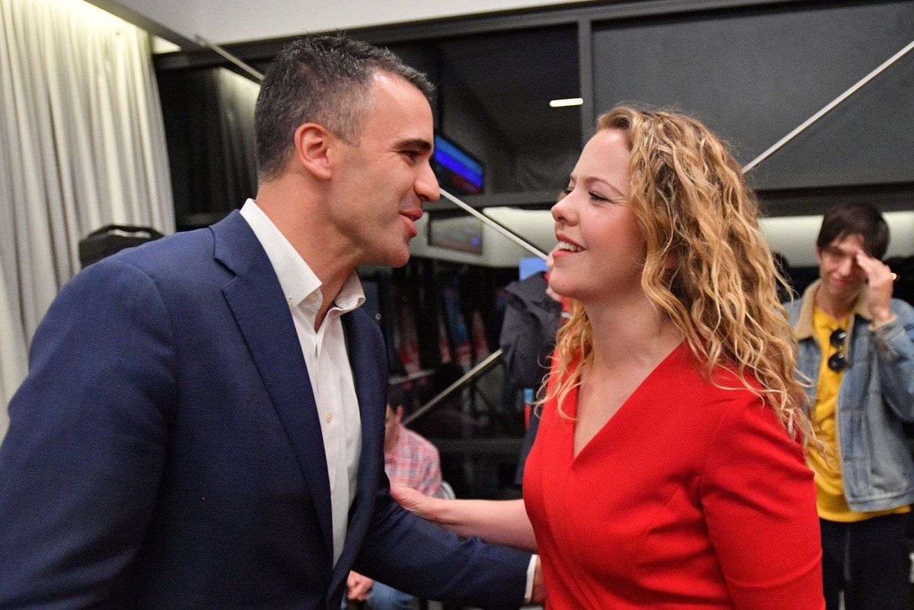 Peter Malinauskas with Boothby candidate Nadia Clancy on election night. Photo: David Mariuz / AAP