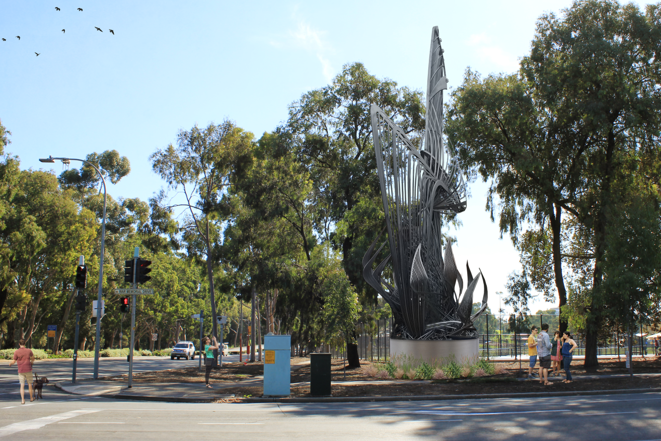 A render of the "Uniting a Nation" sculpture in its proposed location by the Tennis SA headquarters. Image: Adelaide City Council