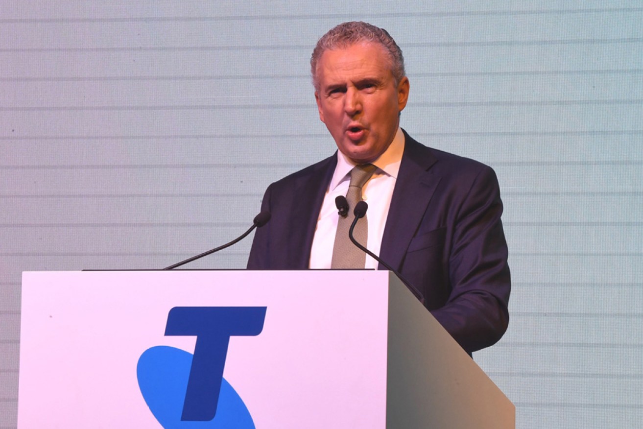 Telstra CEO Andy Penn is seen addressing attendees at the Telstra Investor Day, in 2018. Photo: AAP / Peter Rae