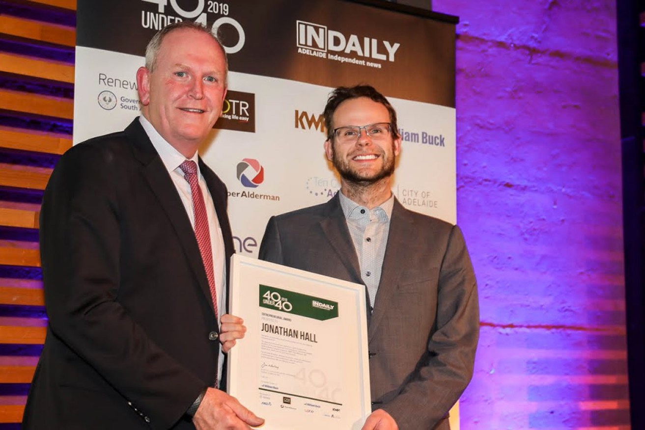 Jonathan Hall with William Buck's Jamie McKeough at InDaily's 40 Under 40 Awards.