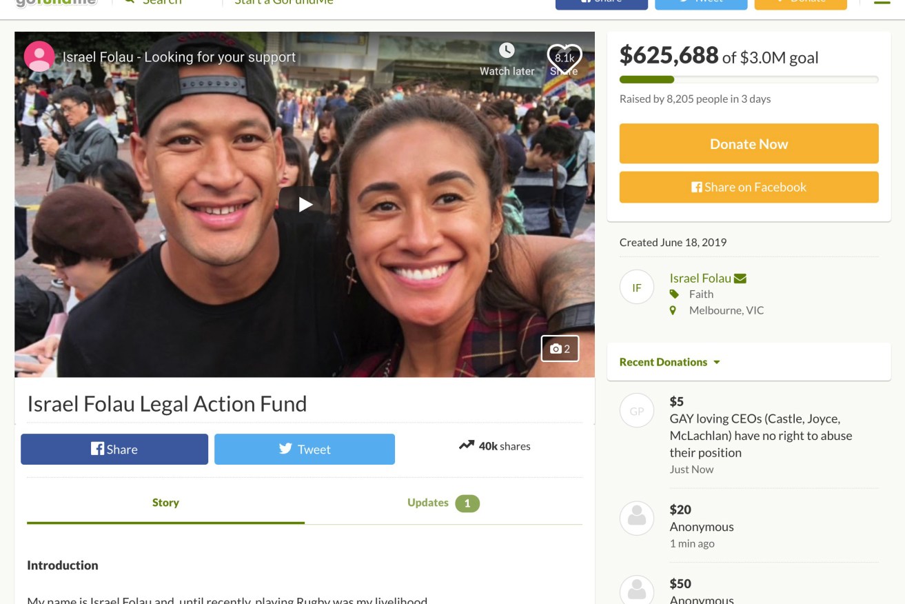 GoFundMe shut down Israel Folau's page saying promoting exclusion or discrimination violates its terms of service. Photo: AAP