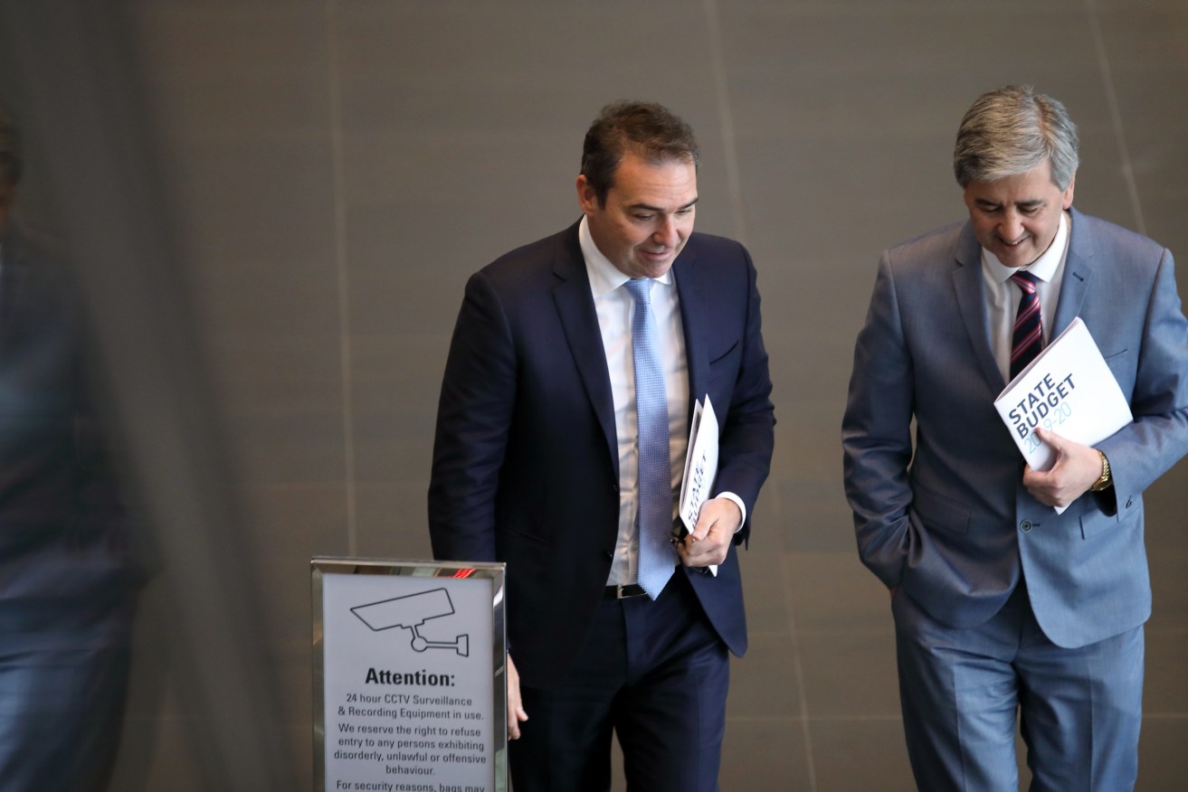 Premier Steven Marshall and Treasurer Rob Lucas arrive at the State Budget lock-up. Photo: Tony Lewis / InDaily