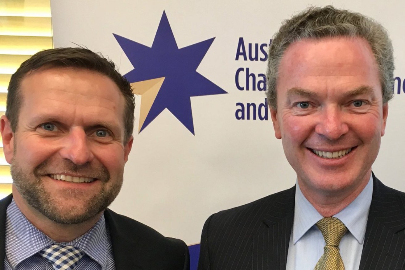 EY defence industry leader Mark Stewart with Pyne last year. Photo: Twitter