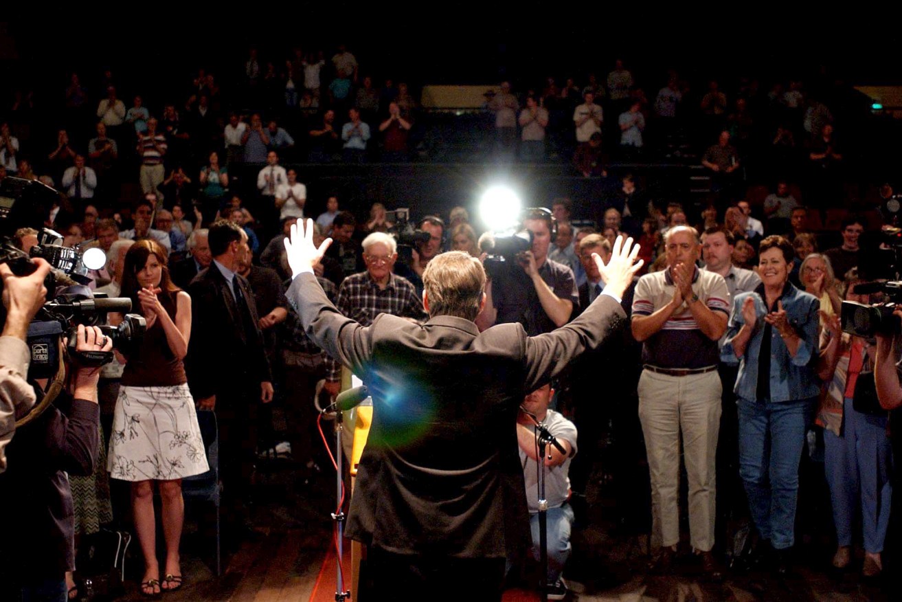 Then-Opposition Leader Mark Latham conducting a community forum at Thebarton Theatre in 2004. The venue is again the focus of political drama. Photo: Mick Tsikas / AAP