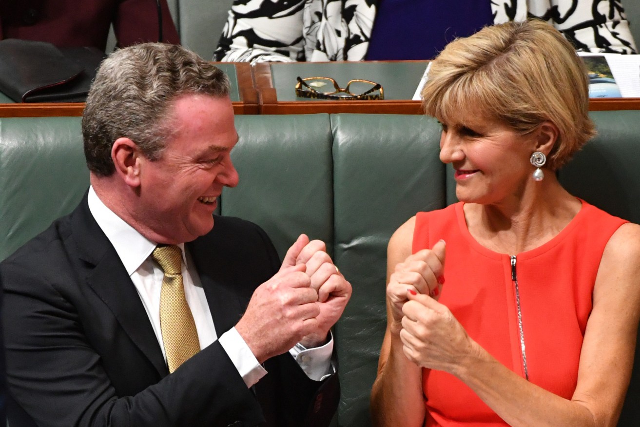 Christopher Pyne and Julie Bishop when both were in the cabinet. Photo: AAP/Mick Tsikas